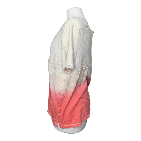 We The Free FP Sun Dial V-Neck Linen Blend Waffle Tee XS Colorblock Ombre Coral - Picture 6 of 8